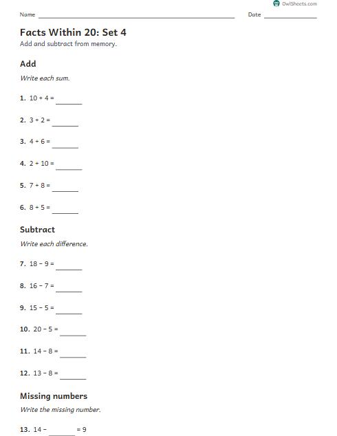Facts Within 20: Set 4 worksheet preview