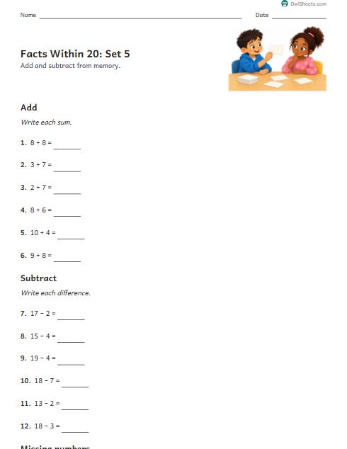 Facts Within 20: Set 5 worksheet preview