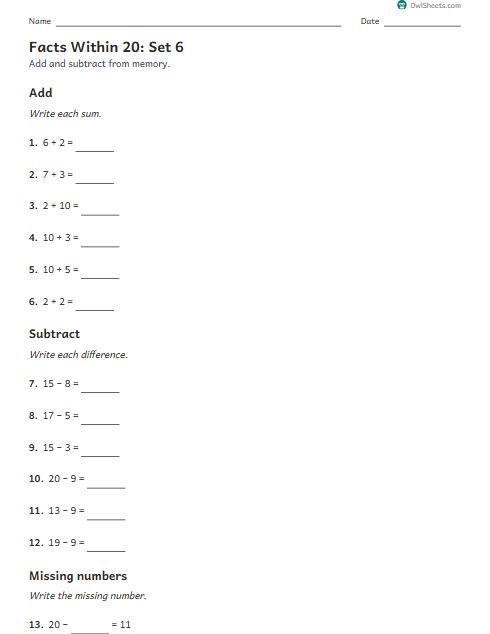 Facts Within 20: Set 6 worksheet preview