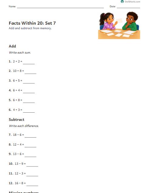 Facts Within 20: Set 7 worksheet preview