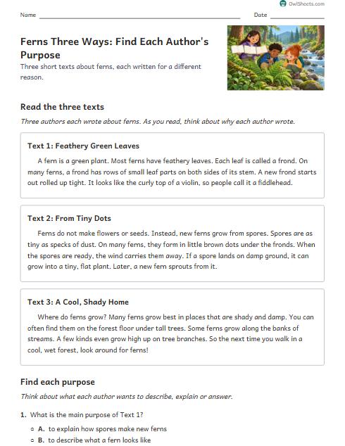 Ferns Three Ways: Find Each Author's Purpose worksheet preview