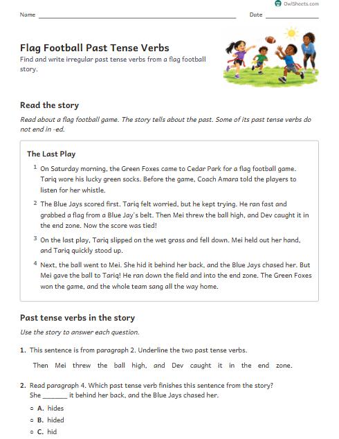 Flag Football Past Tense Verbs worksheet preview