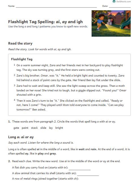 Flashlight Tag Spelling: ai, ay and igh worksheet preview