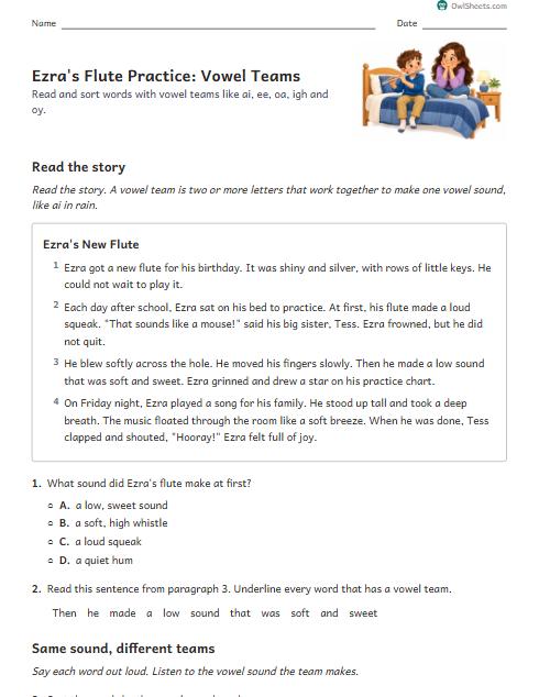 Ezra's Flute Practice: Vowel Teams worksheet preview