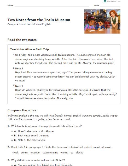Two Notes from the Train Museum worksheet preview