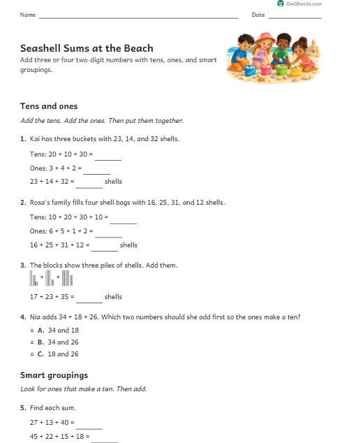 Seashell Sums at the Beach worksheet preview