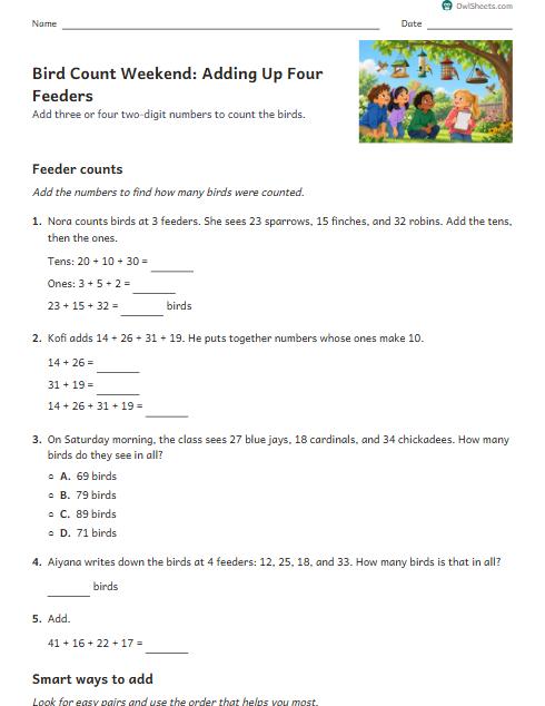 Bird Count Weekend: Adding Up Four Feeders worksheet preview