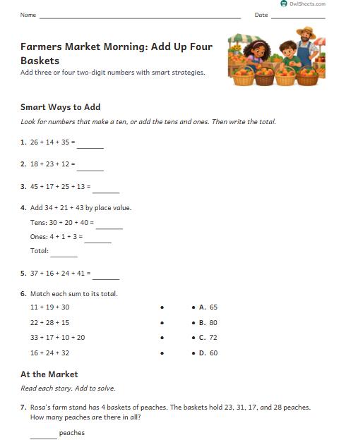 Farmers Market Morning: Add Up Four Baskets worksheet preview