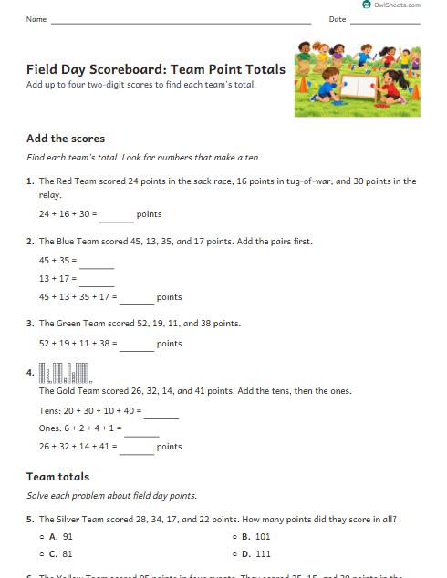 Field Day Scoreboard: Team Point Totals worksheet preview