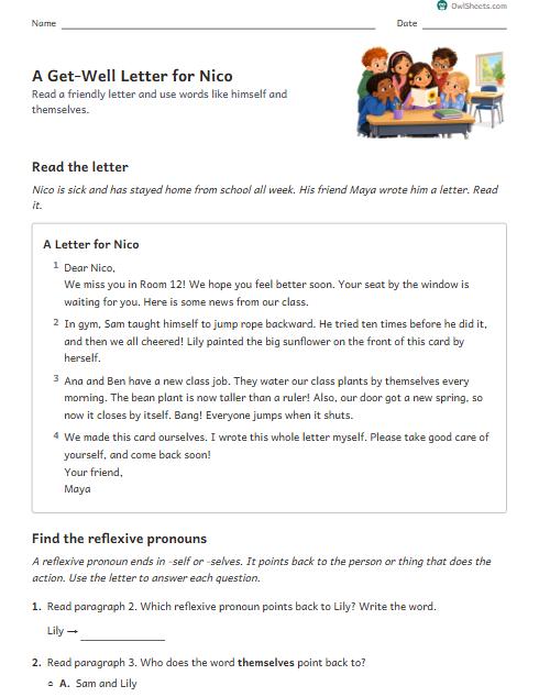 A Get-Well Letter for Nico worksheet preview