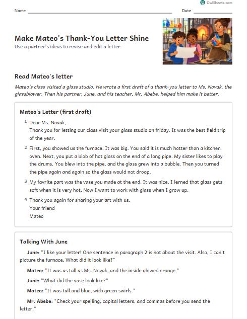 Make Mateo's Thank-You Letter Shine worksheet preview
