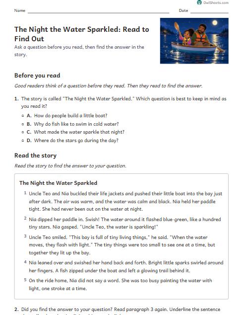 The Night the Water Sparkled: Read to Find Out worksheet preview