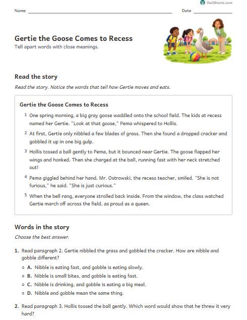 Gertie the Goose Comes to Recess worksheet preview