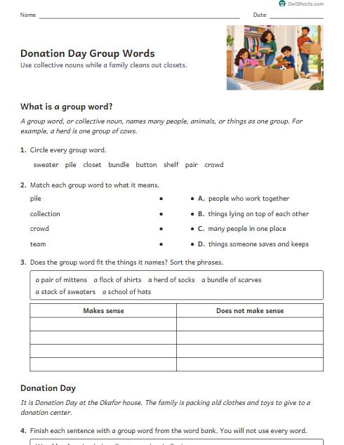 Donation Day Group Words worksheet preview