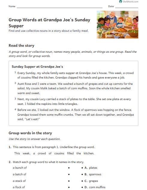 Group Words at Grandpa Joe's Sunday Supper worksheet preview