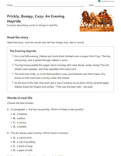 Prickly, Bumpy, Cozy: An Evening Hayride worksheet preview