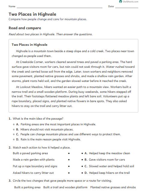 Two Places in Highvale worksheet preview