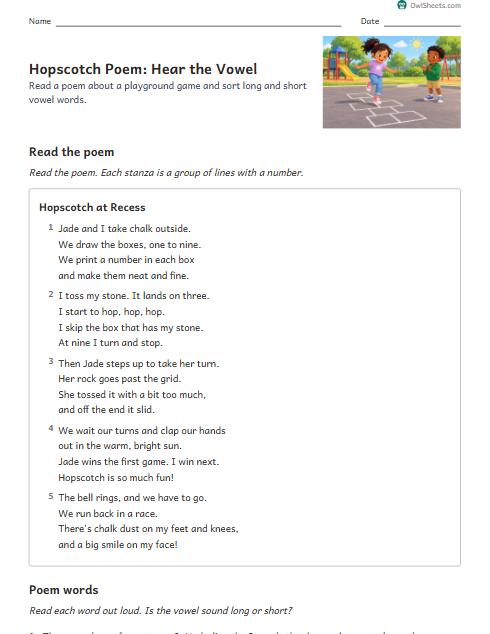 Hopscotch Poem: Hear the Vowel worksheet preview