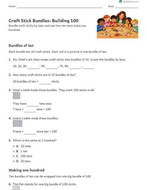 Craft Stick Bundles: Building 100 worksheet preview
