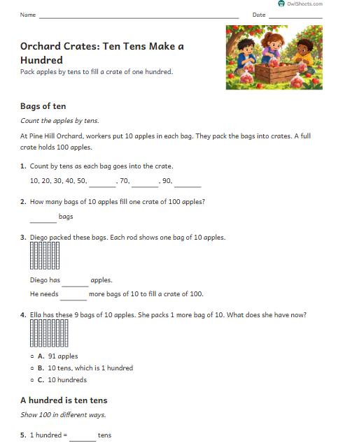 Orchard Crates: Ten Tens Make a Hundred worksheet preview