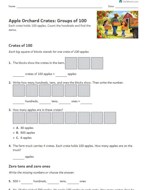 Apple Orchard Crates: Groups of 100 worksheet preview