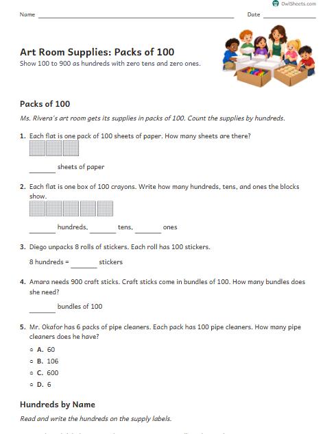 Art Room Supplies: Packs of 100 worksheet preview