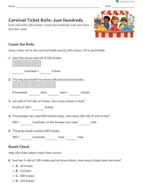 Carnival Ticket Rolls: Just Hundreds worksheet preview