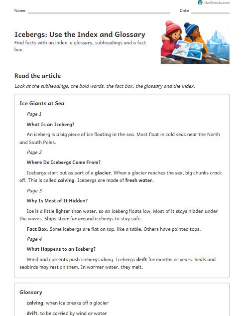 Icebergs: Use the Index and Glossary worksheet preview