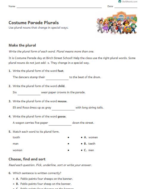 Costume Parade Plurals worksheet preview