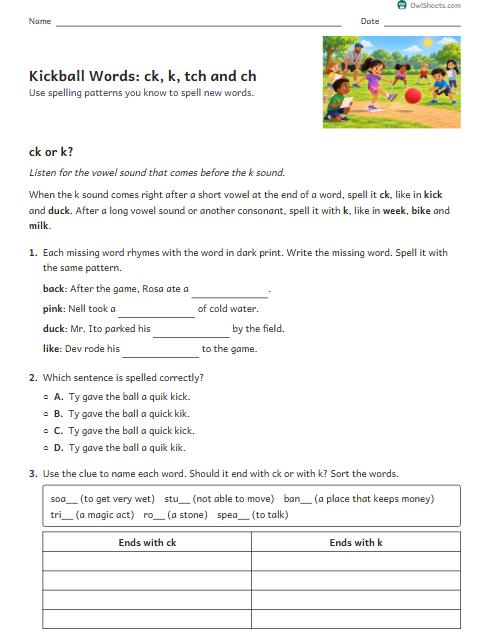 Kickball Words: ck, k, tch and ch worksheet preview