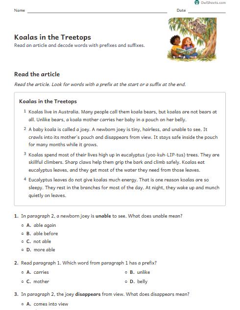 Koalas in the Treetops worksheet preview
