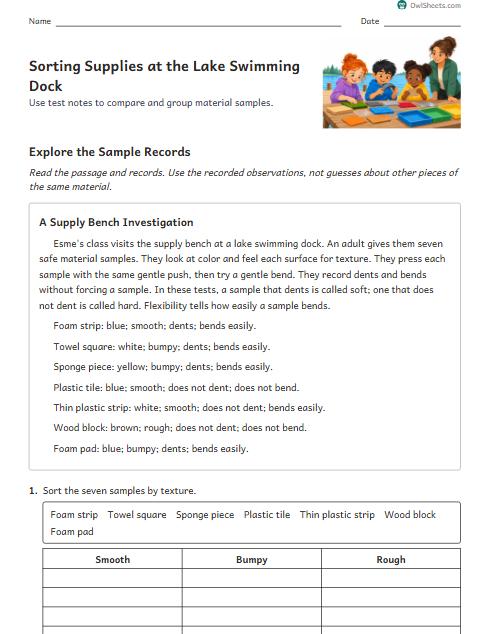 Sorting Supplies at the Lake Swimming Dock worksheet preview