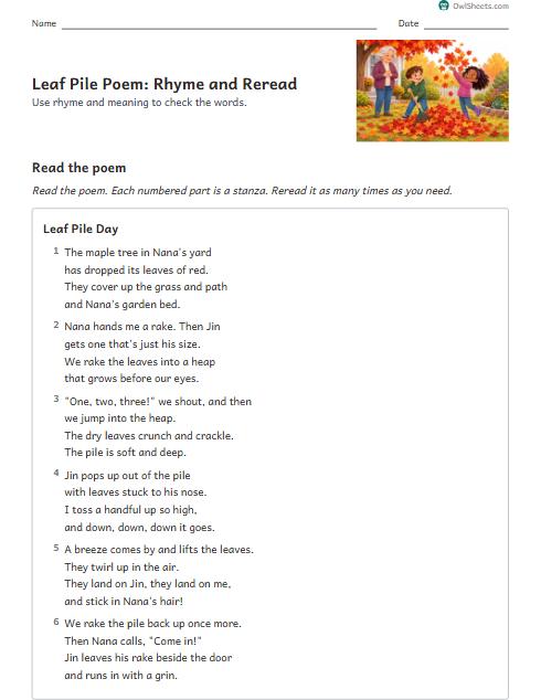 Leaf Pile Poem: Rhyme and Reread worksheet preview