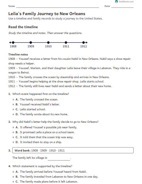 Leila's Family Journey to New Orleans worksheet preview