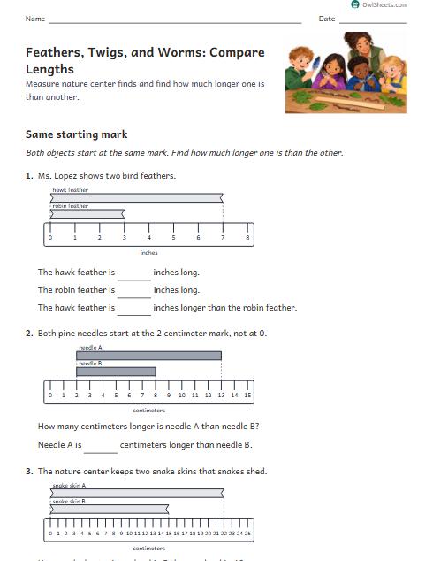 Feathers, Twigs, and Worms: Compare Lengths worksheet preview