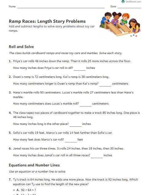 Ramp Races: Length Story Problems worksheet preview