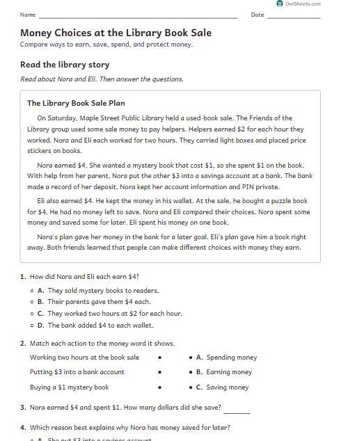 Money Choices at the Library Book Sale worksheet preview