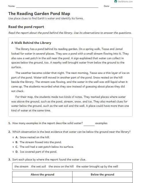 The Reading Garden Pond Map worksheet preview