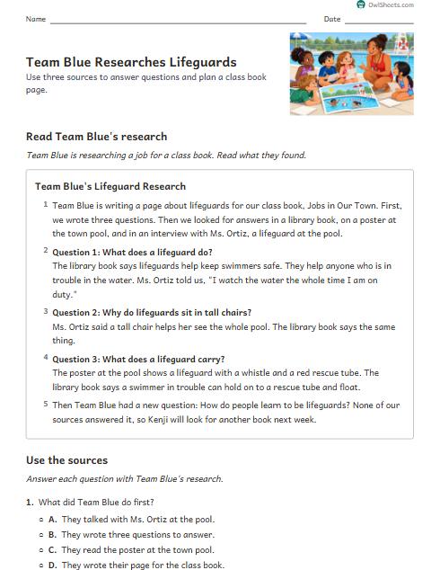 Team Blue Researches Lifeguards worksheet preview