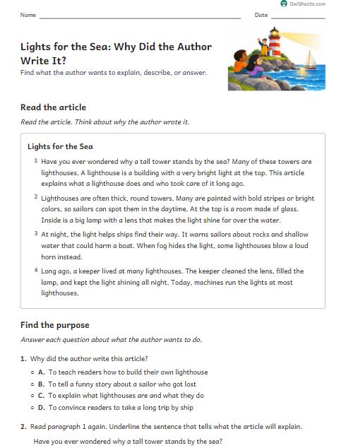 Lights for the Sea: Why Did the Author Write It? worksheet preview