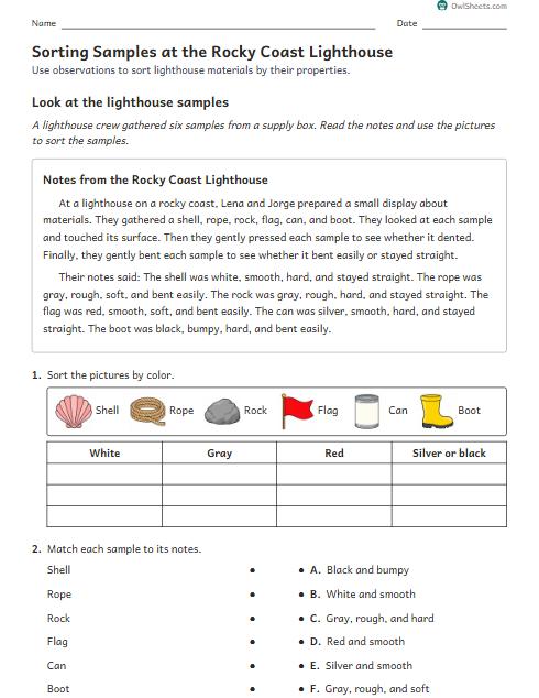 Sorting Samples at the Rocky Coast Lighthouse worksheet preview