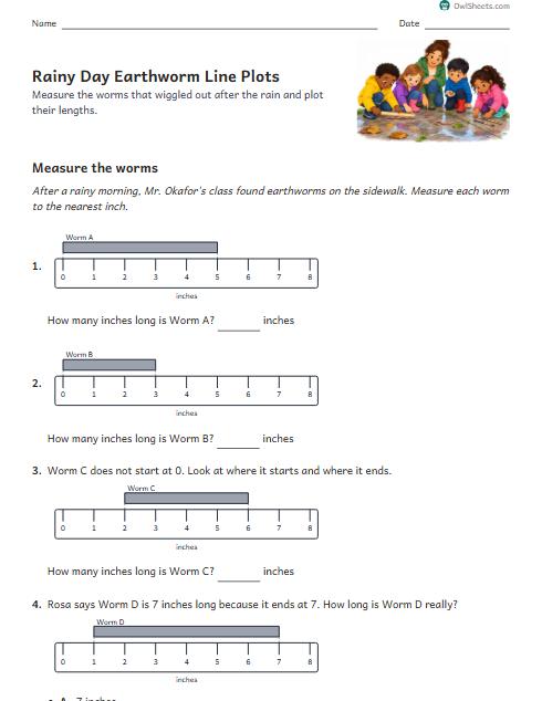 Rainy Day Earthworm Line Plots worksheet preview