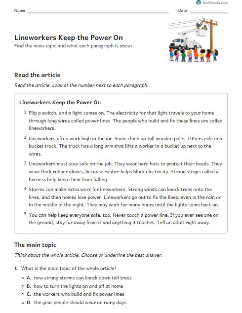 Lineworkers Keep the Power On worksheet preview