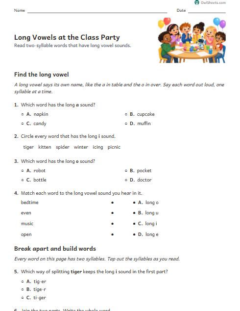 Long Vowels at the Class Party worksheet preview