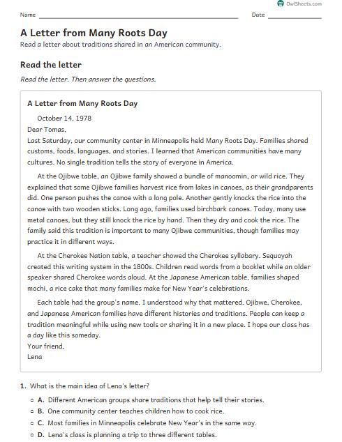 A Letter from Many Roots Day worksheet preview