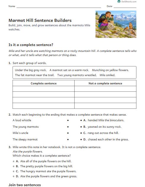 Marmot Hill Sentence Builders worksheet preview