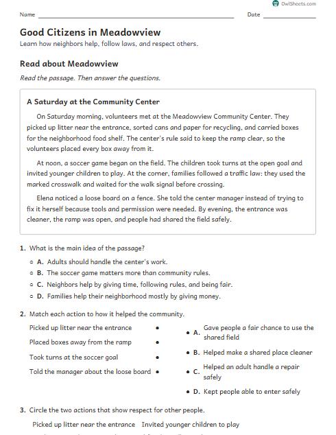 Good Citizens in Meadowview worksheet preview
