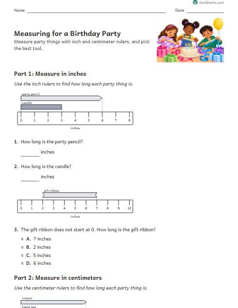 Measuring for a Birthday Party worksheet preview
