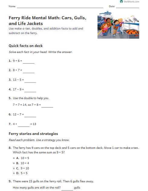 Ferry Ride Mental Math: Cars, Gulls, and Life Jackets worksheet preview