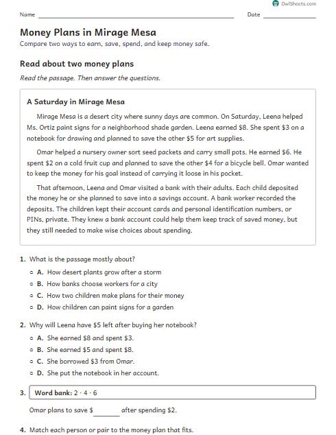 Money Plans in Mirage Mesa worksheet preview